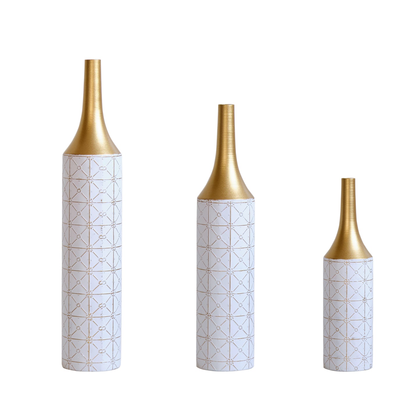 Fiora Large Vases Decorated White+Gold Floor Metal Vases Set of 3 Gorgeous Home Decoration