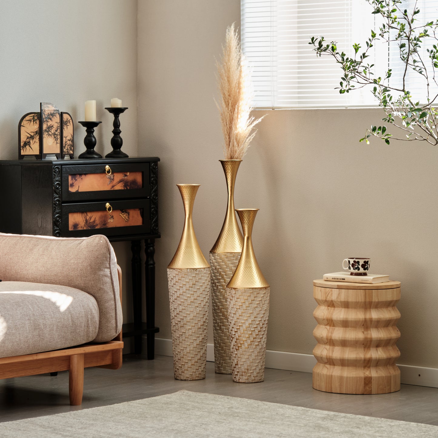 Lumina Modern style decoration home woven pattern floor metal vase 3-pieces set