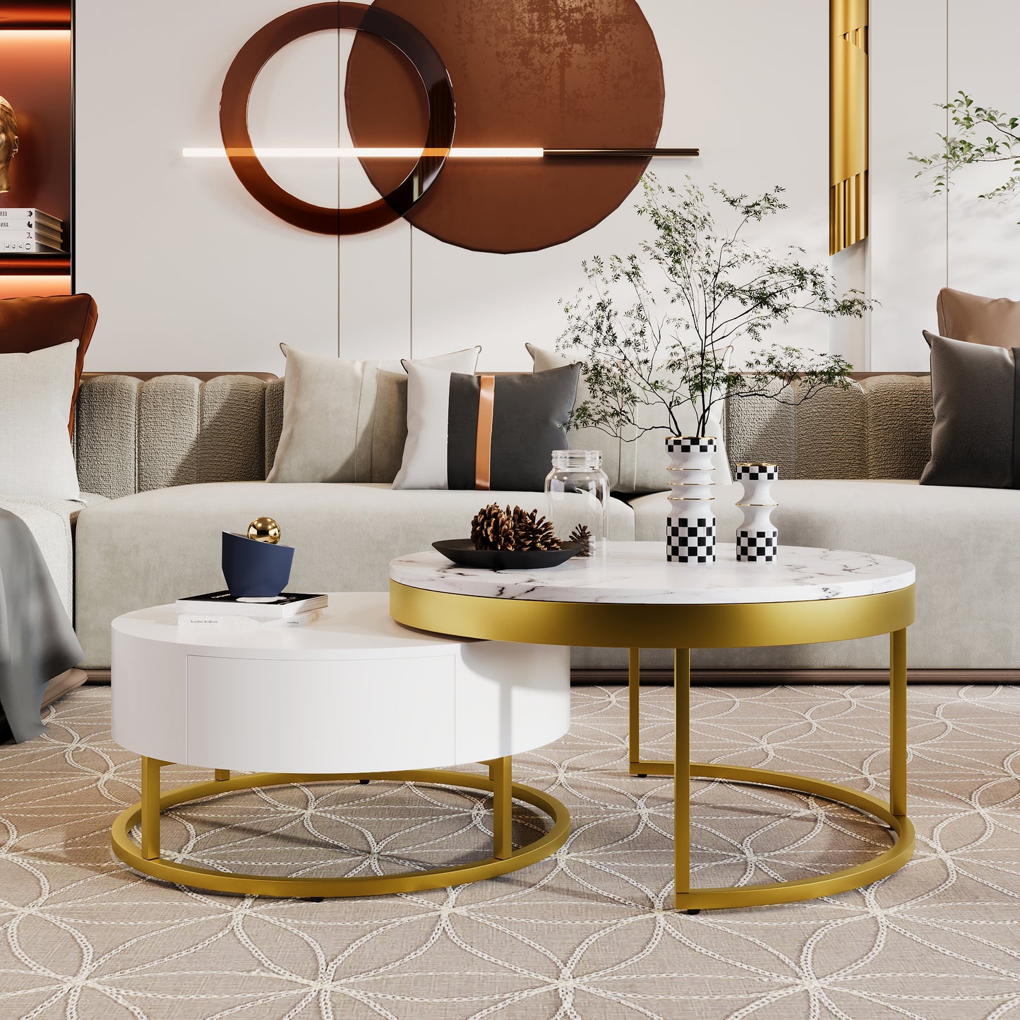 Loratti Round Nesting Coffee Table with Drawers (Golden+White) 31.5 inch