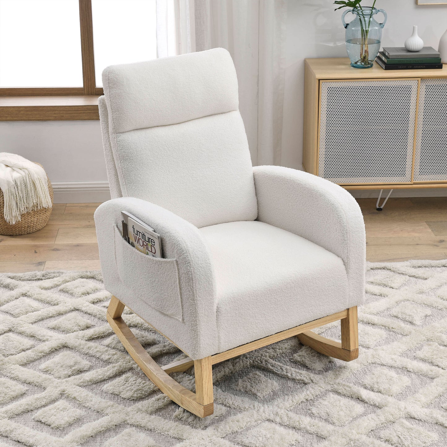 Ascenda 28 Inch Modern Rocking Chair, Two Side Pocket ,Teddy White (Ivory)
