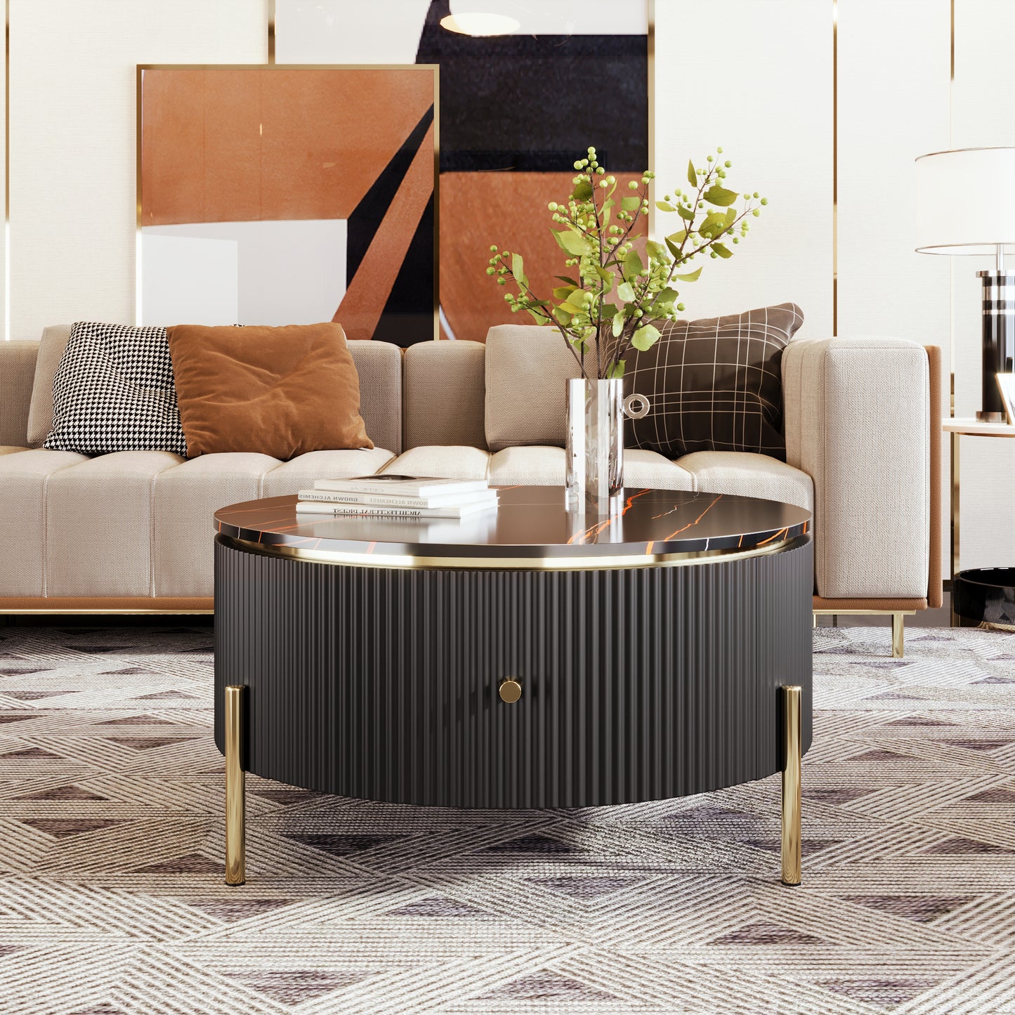 Nivotti Modern Round Coffee Table with 2 large Drawers Storage Accent Table (31.5 inch)