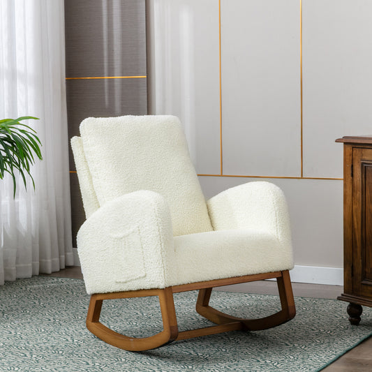 Freevora Modern Rocking Chair with Wood Legs ,(White Teddy)