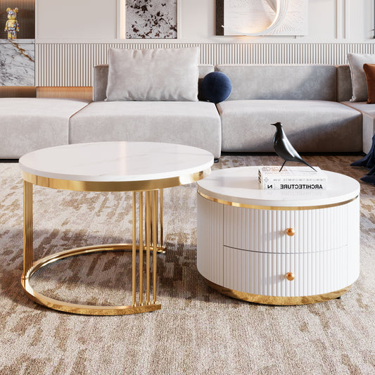 Novelli Modern 2 Pieces White Round Nesting Coffee Table with Drawers in 27.6'' (White and Gold)